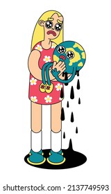 Isolated image of a girl holding an unhappy Earth in her hands. Environmental pollution illustration in cartoon style. Vector.