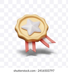 Isolated image of gold medal with ribbon. Round stamp with star