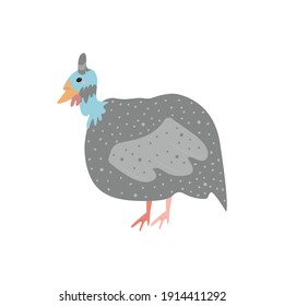 Isolated image of a guinea fowl on a white background. Stylized bird, cute childish illustration. Hand-drawn style. Vector illustration.