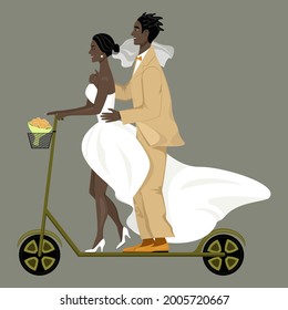 isolated image of happy newlyweds riding a scooter, on gray background
