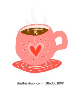 Isolated image of a hot steaming rose cup of tea on a saucer decorated with red heart. Flat style design for sticker, cover, app, web, icon. Creative concept for decoration of girly stuff