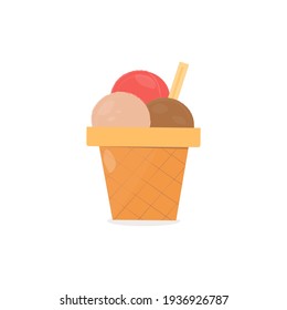 isolated image ice cream balls in a waffle cup. Chocolate, vanilla, strawberry ice cream. Vector illustration, flat.