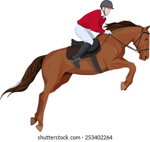 isolated image of jumping horse and jokey, a side look