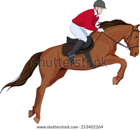 isolated image of jumping horse and jokey, a side look