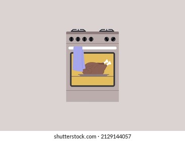 An isolated image of a kitchen oven with a turkey baking inside