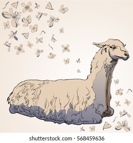 Isolated image of a Lama Alpaca on a light background. Flowers. The elegant style of the cartoon. The object print advertising, poster, banner.