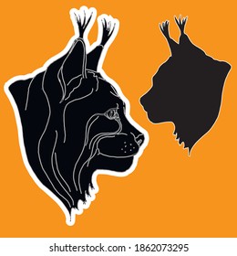 isolated image of a lynx head, drawing, silhouette, sticker, black silhouette on a white and colored background.