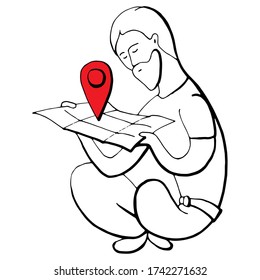 Isolated image of a man with a beard carefully looking at a paper card. A man is looking for a destination. Dreams of traveling in isolation