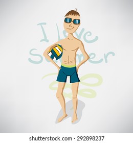 Isolated image man in a swimsuit on the beach with a volleyball