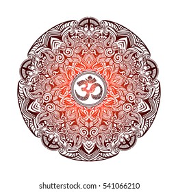 Isolated image of a mandala and OM on a white background. Hand Drawn Ornate Indian pattern decorative vector elements.