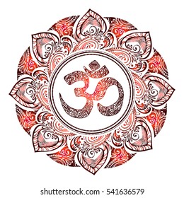Isolated image of a mandala and OM on a white background. Hand Drawn Ornate Indian pattern decorative vector elements.