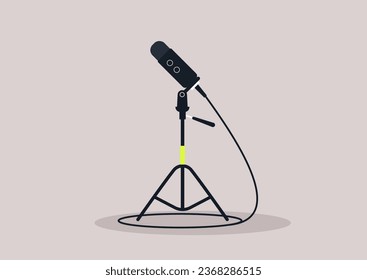 Ein Einzelbild eines Mikrofons, das auf einem Stativständer steht, ein Podcast-Konzept