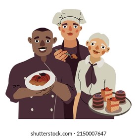 Isolated image of a multiethnic team of a restaurant, cafe. Happy cooks, waitress, men and woman on white background. Vector illustration.