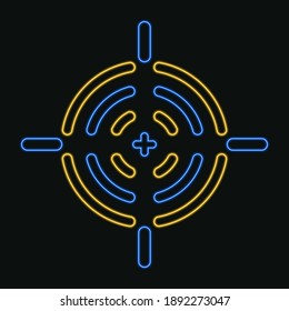 Isolated image of a neon gun sight in blue and yellow colors on a black background. Vector illustration.