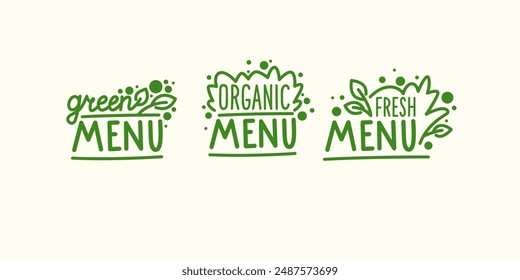 Isolated image on a background. Vector graphics. Menu organic food illustration. A set of different labels for food.