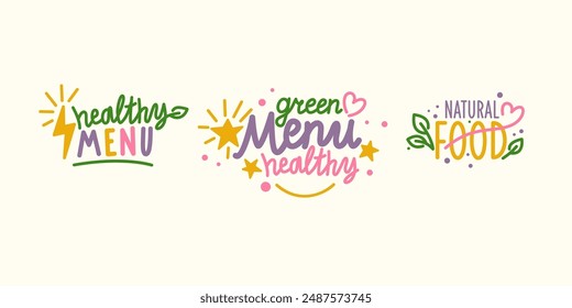 Isolated image on a background. Vector graphics. Healthy food illustration. A set of different labels for food