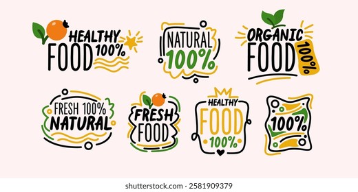 Isolated image on a background. Vector graphics. Healthy food illustration. A set of different labels for food.