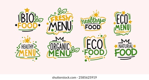 Isolated image on a background. Vector graphics. Healthy food illustration. A set of different labels for food