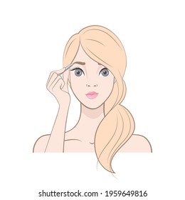 The isolated image on a white background. Cute Blonde girl plucked her eyebrows with tweezers.