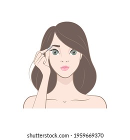 The isolated image on a white background. Brunette girl plucked her eyebrows with tweezers.