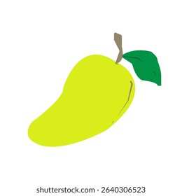 Isolated image, on a white background, of a yellow mango with a green leaf. Exotic fruit in vector, children drawing eps, for cover, product wrapper