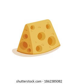 Isolated image of one piece of yellow cheese with holes. Vector illustration icon in trendy flat cartoon style for logo, social media design and printing.