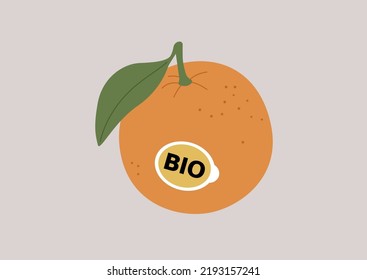 Una imagen aislada de una naranja con una pegatina, estilo de vida saludable, dieta vegetariana y vegetariana
