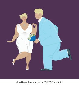 Isolated image of overweight and happy newlyweds on a purple background