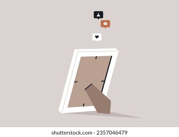 An isolated image of a photograph within a white frame, with social media reactions as like, share, and comment hovering above it