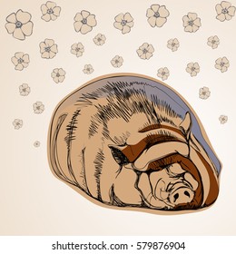 Isolated image of a Pig on a light background. Flowers. The elegant style of the cartoon. The object print advertising, poster, banner.