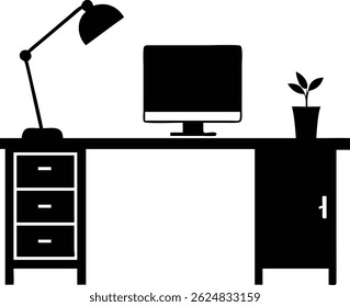 Isolated image portrays a simple black silhouette of a desk with three drawers, a monitor on top, an adjustable lamp, and a potted plant for the ideal workplace setup.