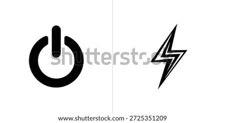 Isolated image presents a black power button and a lightning bolt symbol on a white canvas. Perfect for tech, energy, design projects.