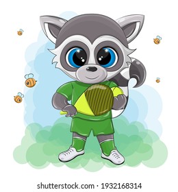 An isolated image of a raccoon playing table tennis on a green background. A funny animal with a cute smile is made in a cartoon style.