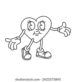 An isolated image of a retro heart about to embrace. A male character in a heart-shaped retro cartoon style, isolated contour coloring on a white background. Vector flat illustration. valentine's day