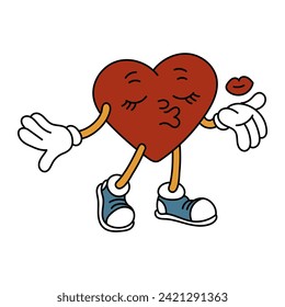 An isolated image of a retro heart blowing a kiss. A male character in the shape of a heart in the style of a retro cartoon, isolated on a white background. Vector flat illustration. Valentine's Day