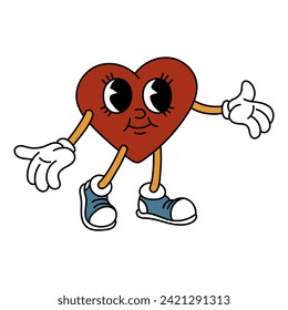 An isolated image of a retro heart, going to cuddle. A male character in the shape of a heart in the style of a retro cartoon, isolated on a white background. Vector flat illustration. Valentine's Day