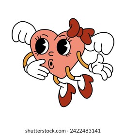 An isolated image of a retro heart with wings, with a joyful face. The girl is surprised in a retro cartoon style in the shape of a heart, isolated on a white background. Vector Valentine's Day. Bow