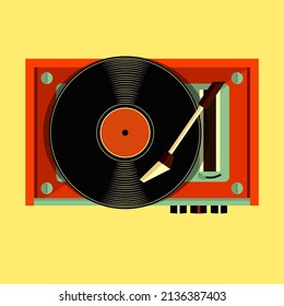 Isolated image of retro vinyl player. Trendy music equipment icon in vintage style. Vinyl discs for design. Hippie style.