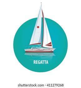 Isolated image of a sailing yacht with reflection in the water in a round white frame. Side view. Signature Regatta. Vector illustration