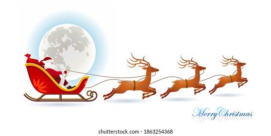 An isolated image of Santa riding on a sleigh with his reindeer with a moon in the background.