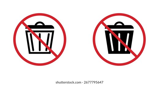 Isolated image set of black trash bin icon with a red circle and diagonal slash overlay, indicating a no trash or do not litter concept on white background. Simple symbol vector design. 