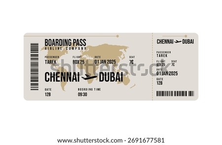 Isolated image showcasing a detailed boarding pass featuring flight route from Chennai to Dubai, passenger name and world map detail.