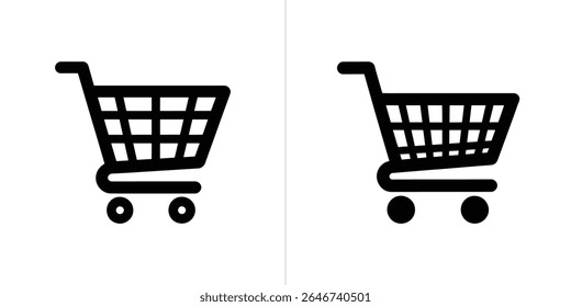 Imagem isolada exibindo dois ícones lado a lado do carrinho de compras preto contra um fundo branco, apresentado em um estilo gráfico vetorial limpo e minimalista, ideal para e-commerce.