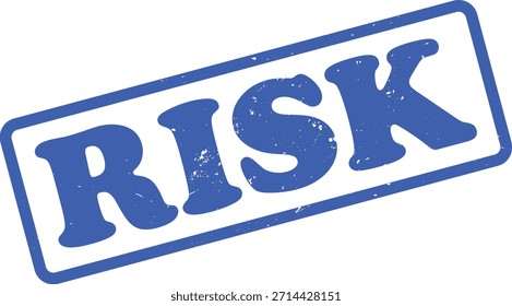 Imagen aislada que muestra un sello de goma azul desgastado que deletrea RIESGO. El sello tiene un efecto angustiado, creando un concepto de precaución o peligro.
