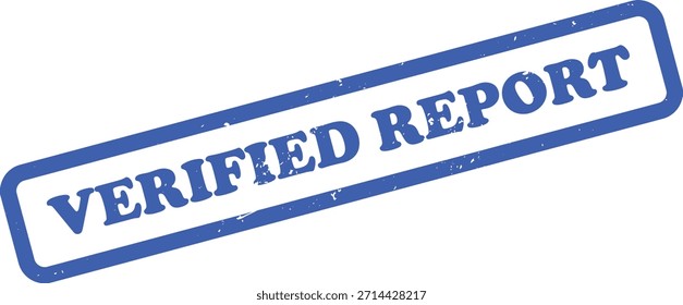 La Imagen aislada muestra un sello de goma azul con texto de informe verificado, forma de rectángulo redondeado. La textura afligida da una sensación vintage y sucia sobre un fondo transparente.