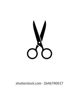 Isolated image shows a simple black silhouette of open scissors against a white background. The scissor blades are open and the handle holes are circular.