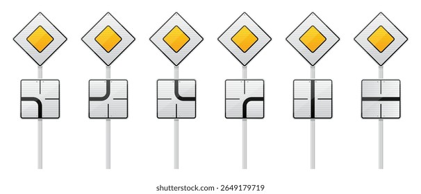 Isolated image shows six road signs indicating priority on a road. Below each sign, there is one demonstrating various intersection configurations.