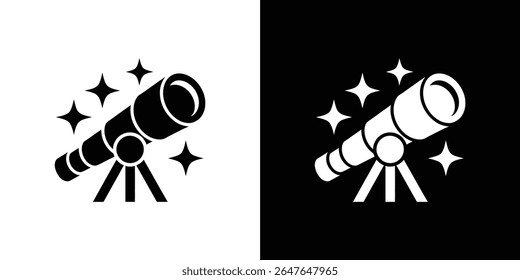A imagem isolada mostra um telescópio em um tripé cercado por estrelas, posicionado contra um plano de fundo duplo preto e branco, apresentado como um gráfico vetorial plano.
