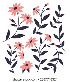 Isolated image of simple hand drawn plants. Set of cute pink flowers with dark leaf sprigs. Vector illustration isolated on white background