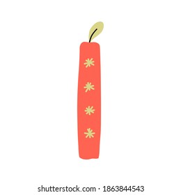 Isolated image of simple red wax burnning candle decorated with stars in trendy colors. Minimalistic concept of Christmas decoration for icon, wrapping papper, web, app, postcard, cover.